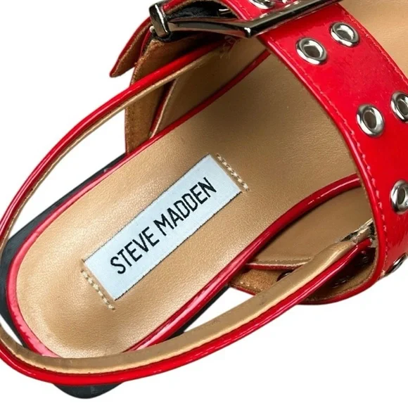 Steve Madden Red Studded Buckle Leather Y2K Slingback Flats Vintage Retro New - Picture 11 of 12
